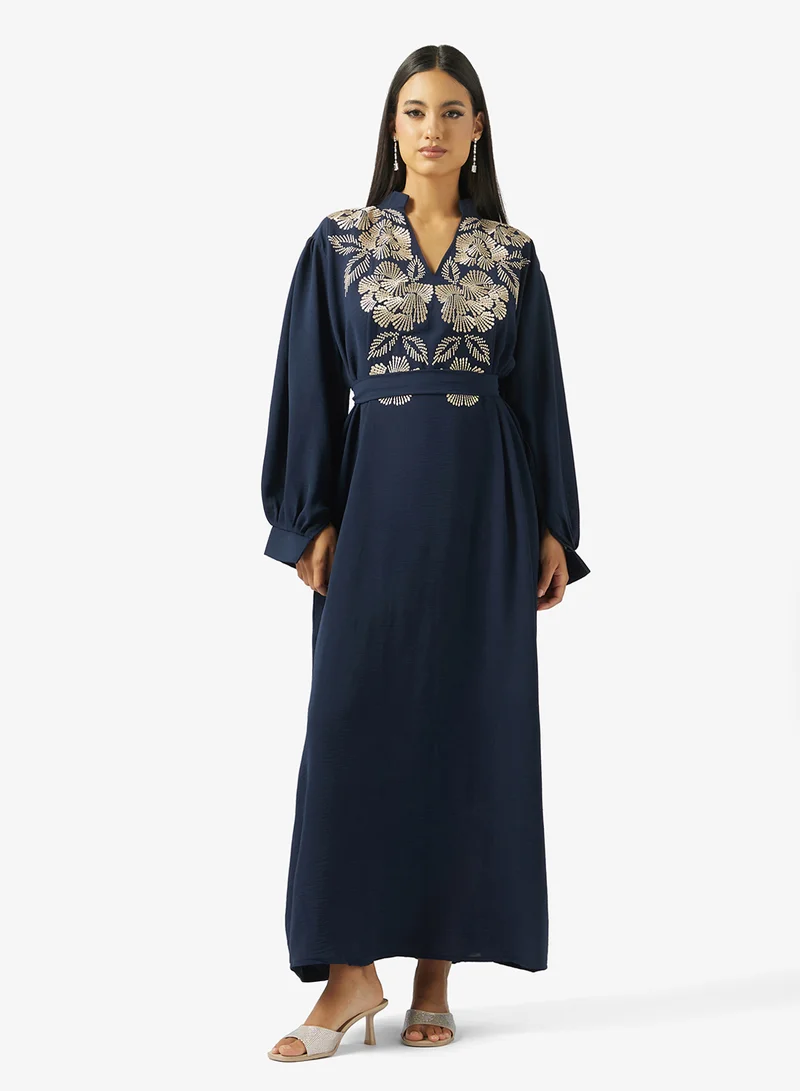 Collar Type Floral Embroidery Work At Front Section And Belt Jalabiya